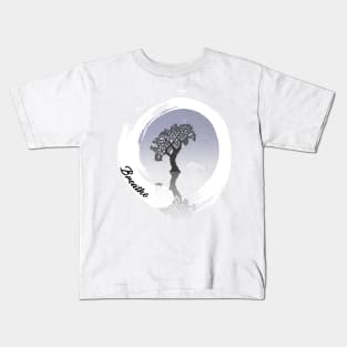 Zen like circle with tree dolphin night sky and text Breathe, yoga Kids T-Shirt